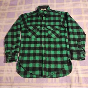 Vintage Woolrich Plaid Flannel Shirt 70s Green Black Wool Blend Buffalo Shirt